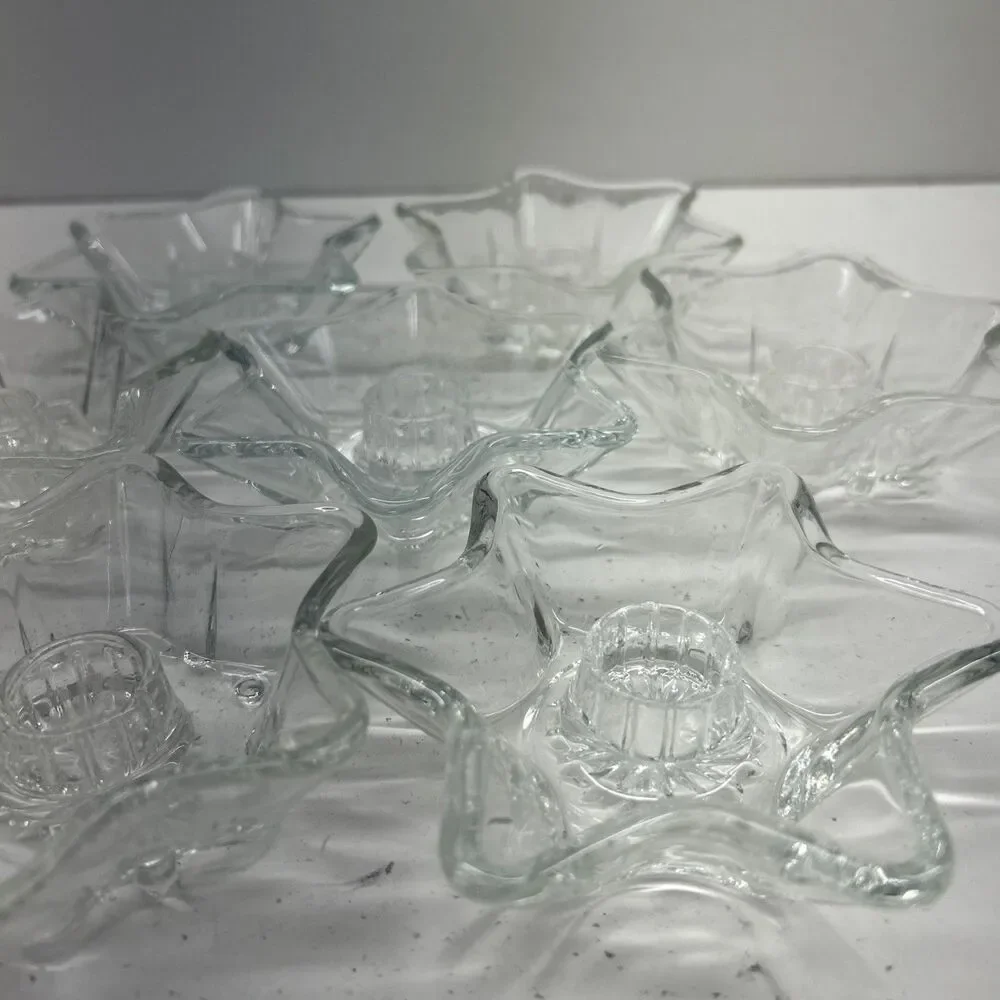 Set of‎ 7 Vintage Anchor Hocking 6 Point Shape Clear Glass Candlestick Holders